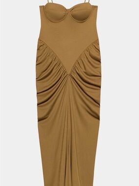 ZARA Ruched Camel Bodycon Maxi Skirt